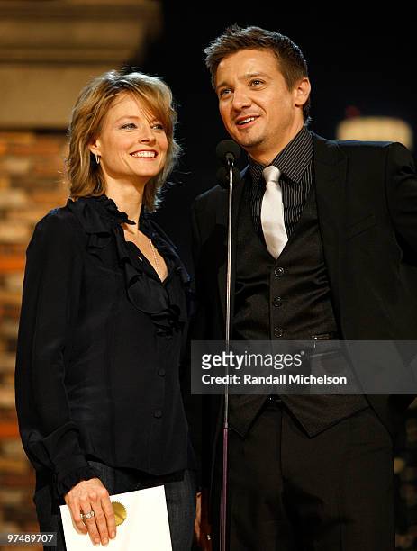 Actors Jodie Foster and Jeremy Renner onstage at the 25th Film Independent Spirit Awards held at Nokia Theatre L.A. Live on March 5, 2010 in Los...