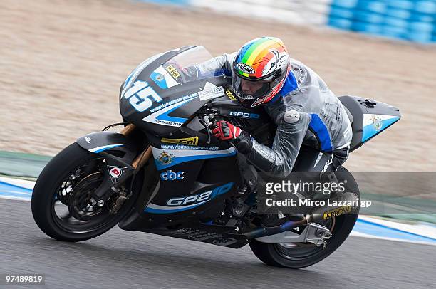 Alex De Angelis of San Marino and Scot Racing Team heads down a straight during the first day of testing at Circuito de Jerez on March 6, 2010 in...