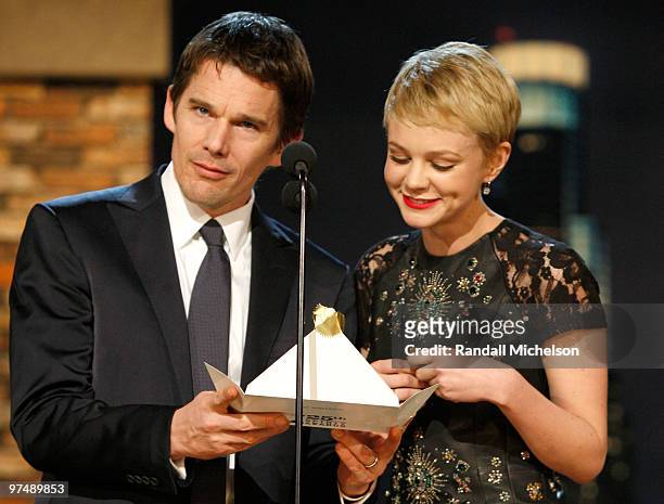 Actors Ethan Hawke and Carey Mulligan onstage at the 25th Film Independent Spirit Awards held at Nokia Theatre L.A. Live on March 5, 2010 in Los...