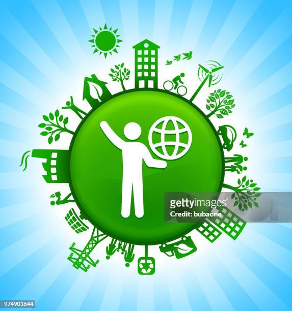 stockillustraties, clipart, cartoons en iconen met stok figuur uitvoering van globe de achtergrond van de groene knop van de omgeving op blauwe hemel - stick plant part