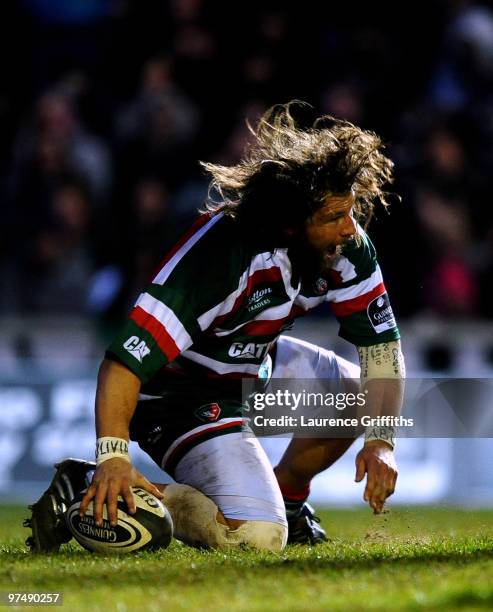 Martin Castrogiovanni of Leicester Tigers celebrates scoring a first half try during the Guinness Premiership match between Leicester Tigers and...