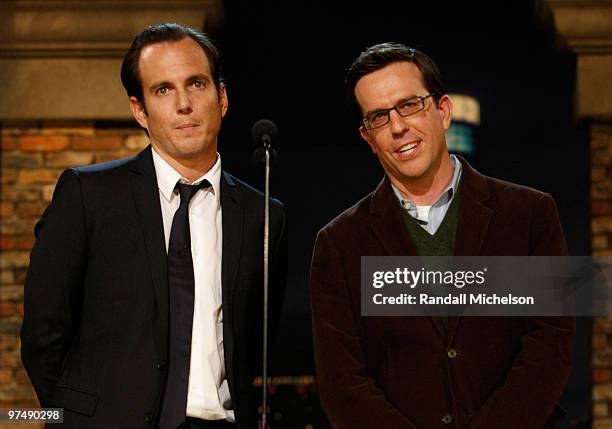 Actors Will Arnett and Ed Helms onstage at the 25th Film Independent Spirit Awards held at Nokia Theatre L.A. Live on March 5, 2010 in Los Angeles,...