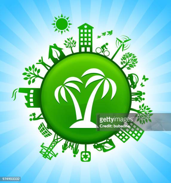 stockillustraties, clipart, cartoons en iconen met tropische palm de achtergrond van de groene knop van de omgeving van de boom op blauwe hemel - zonne eiland