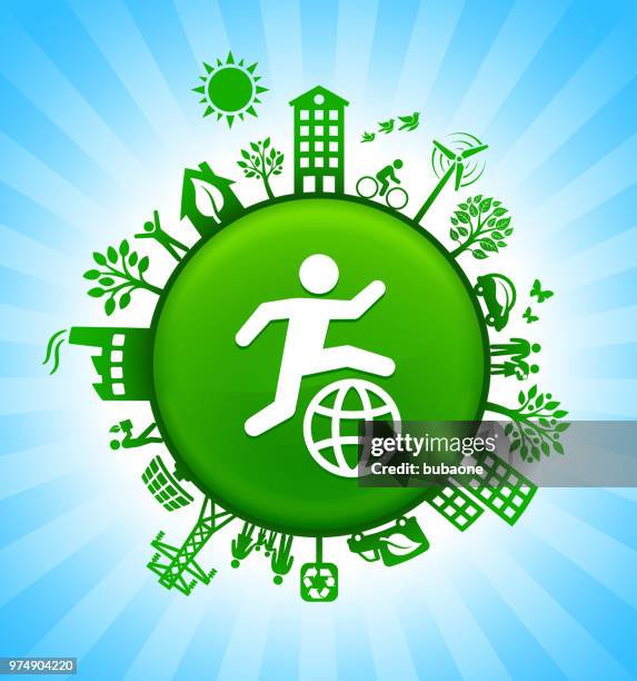 stockillustraties, clipart, cartoons en iconen met stok figuur springen over de achtergrond van de groene knop van de omgeving van de globe op blauwe hemel - stick plant part