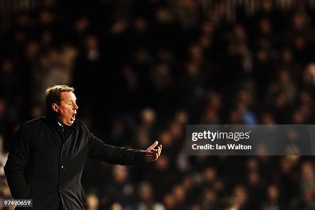 Harry Redknapp the Tottenham Hotspur manager shouts instructions from the touchline during the FA Cup sponsored by E.ON Quarter Final match between...