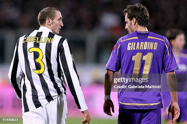 Alberto Gilardino of ACF Fiorentina and Giorgio Chiellinni of Juventus FC during the Serie A match between ACF Fiorentina and Juventus FC at Stadio...