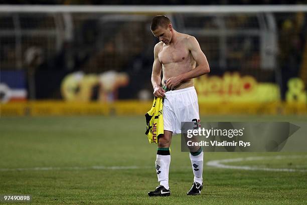 Filip Daems of Moenchengladbach looks dejected after the Bundesliga match between Borussia Dortmund and Borussia Moenchengladbach at Signal Iduna...