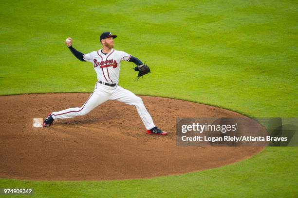 Mike Foltynewicz of the Atlanta Braves pitches against the New York Mets at SunTrust Park on June 12, 2018 in Atlanta, Georgia. The Braves won 8-2.