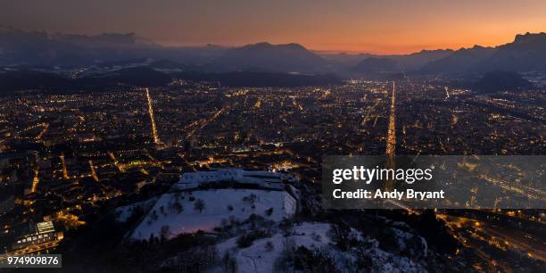 grenoble view from mont jalla at sunset in winter, grenoble, france - grenoble stock pictures, royalty-free photos & images