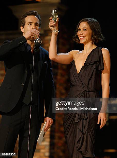 Actors Ryan Reynolds and Maggie Gyllenhaal speak onstage at the 25th Film Independent Spirit Awards held at Nokia Theatre L.A. Live on March 5, 2010...