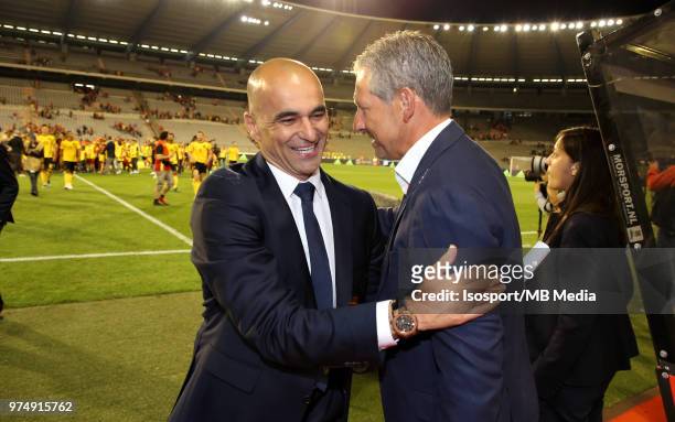 Roberto MARTINEZ and Frank DE BLEECKERE celebrate after winning a friendly game between Belgium and Costa Rica, as part of preparations for the 2018...