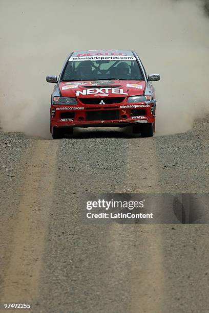 Michael Jourdain of Mexico and Oscar Sanchez of Spain compete in their Mitsubishi Lancer Evo X during the second day of the WRC Rally Mexico 2010 on...