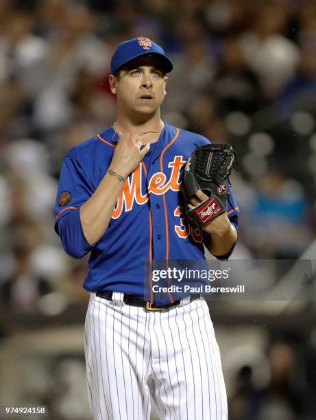 Pitcher Anthony Swarzak of the New York Mets pitches in an interleague MLB baseball game against the New York Yankees on June 10, 2018 at Citi Field...