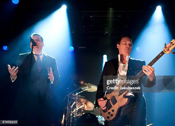 Singer Tony Hadley and Bassist Richard Miller of the band Spandau Ballet perform live during a concert at the C-Halle on March 6, 2010 in Berlin,...