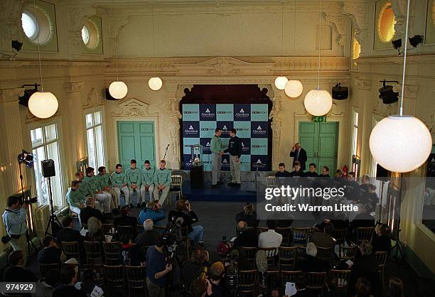 Oxford and Cambridge teams line up during the President's Challenge and Crew announcement Press Conference for the Oxford v Cambridge University boat...