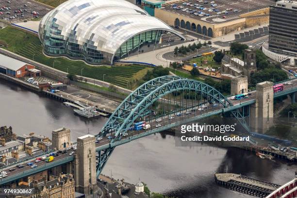 Aerial view of the Tyne Bridge crossing the River Tyne between Newcastle and Gateshead, in this Photograph by David Goddard