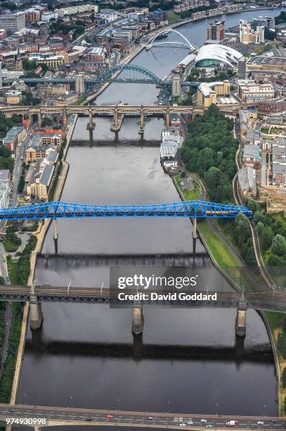 Aerial view of the bridges crossing the River Tyne in Newcastle, in this Photograph by David Goddard