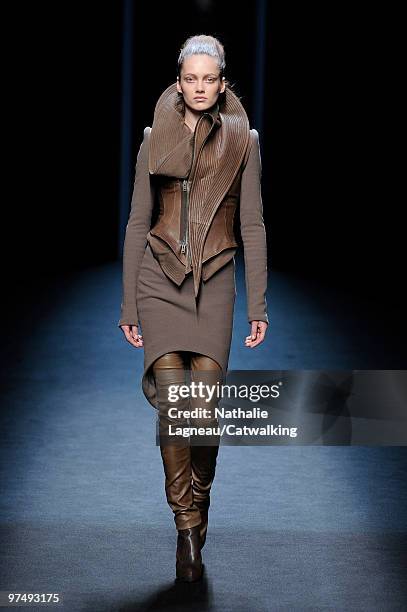 Model walks down the runway during the Haider Ackermann fashion show, part of Paris Fashion Week, Paris on March 6, 2010 in Paris, France.