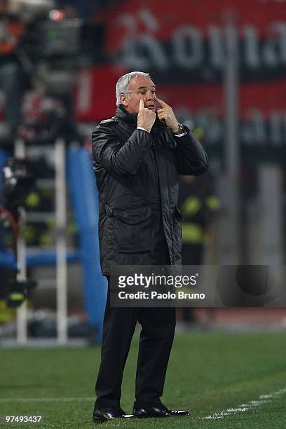 Claudio Ranieri the coach of AS Roma gestures during the Serie A match between AS Roma and AC Milan at Stadio Olimpico on March 6, 2010 in Rome,...