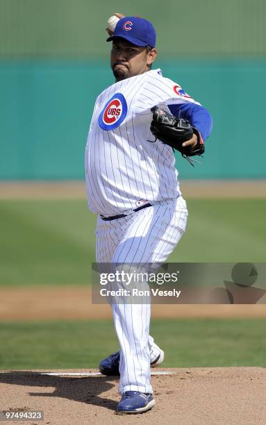 Carlos Silva of the Chicago Cubs pitches against the Chicago White Sox on March 6, 2010 at HoHoKam Park in Mesa, Arizona.