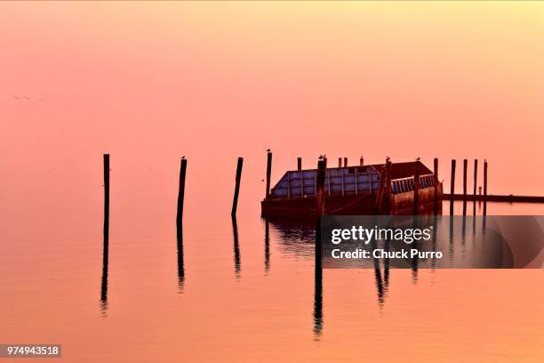 wooden pillars in calm water, cape code bay, plymouth, massachusetts, usa - cape cod bay stock pictures, royalty-free photos & images