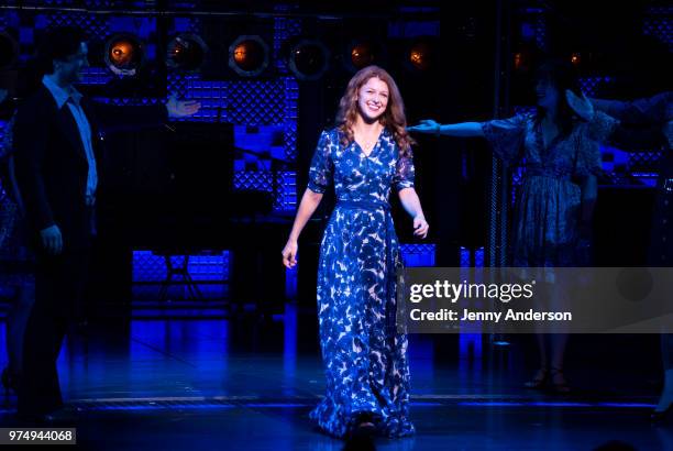 "Supergirl" star Melissa Benoist bows during her opening night in "Beautiful - The Carole King Musical" on Broadway on June 12, 2018 in New York City.