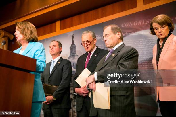 Congresswoman Nancy Pelosi speaks alongside Senator Mark Warner , Senator Chuck Schumer , Congressman Jerrold Lewis Nadler , and Senator Dianne...