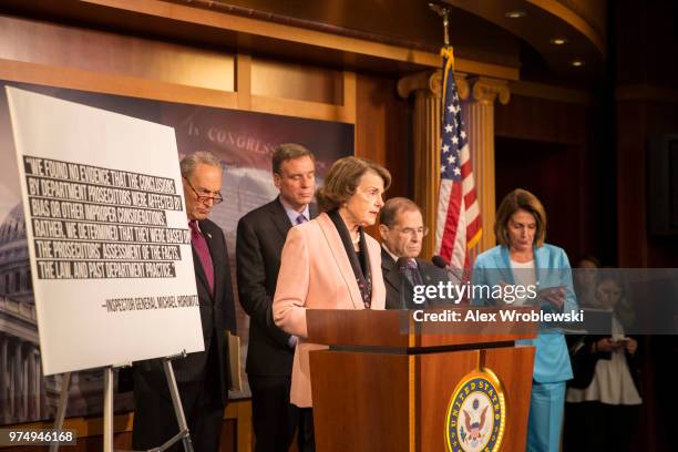 Senator Dianne Feinstein speaks alongside Congresswoman Nancy Pelosi , Senator Mark Warner , Senator Chuck Schumer , and Congressman Jerrold Lewis...