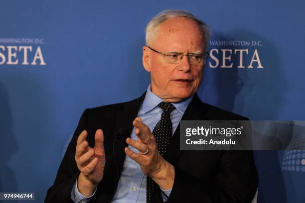 James Jeffrey, former US Ambassador to Turkey speaks during "The Manbij Agreement: The Way Forward in US-Turkey Relations" panel organised by...