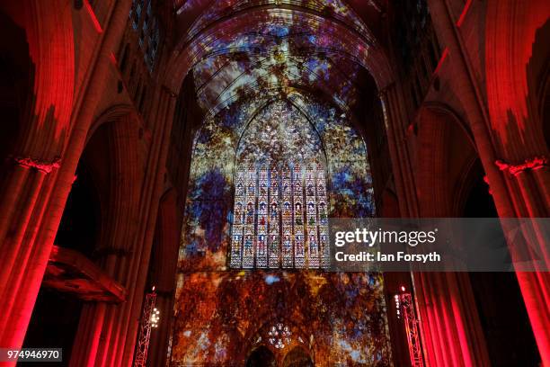 The Nave of York Minster is lit up in a dramatic sound and light display during a media call for the Northern Lights sound and light projection on...