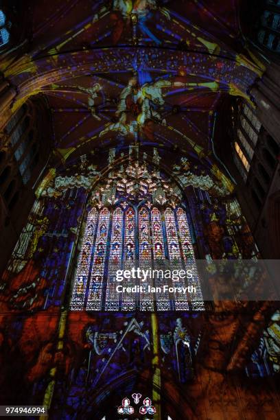 The Nave of York Minster is lit up in a dramatic sound and light display during a media call for the Northern Lights sound and light projection on...