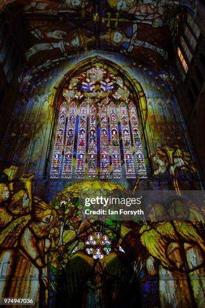 The Nave of York Minster is lit up in a dramatic sound and light display during a media call for the Northern Lights sound and light projection on...