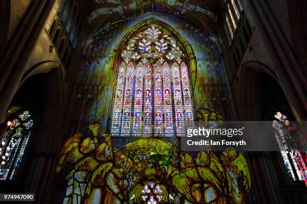 The Nave of York Minster is lit up in a dramatic sound and light display during a media call for the Northern Lights sound and light projection on...