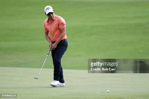 Emiliano Grillo of Argentina putts on the fifth green during the first round of the 2018 U.S. Open at Shinnecock Hills Golf Club on June 14, 2018 in...