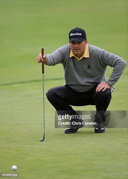 Loren Roberts lines up a putt on the 15th green during the second round of the Toshiba Classic at Newport Beach Country Club on March 6, 2010 in...