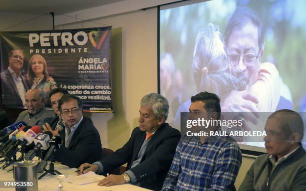 Colombian presidential candidate Gustavo Petro for the Colombia Humana Party attends a press conference during which retired members of the military...