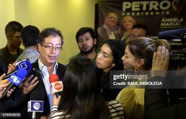 Colombian presidential candidate Gustavo Petro for the Colombia Humana Party attends a press conference during which retired members of the military...