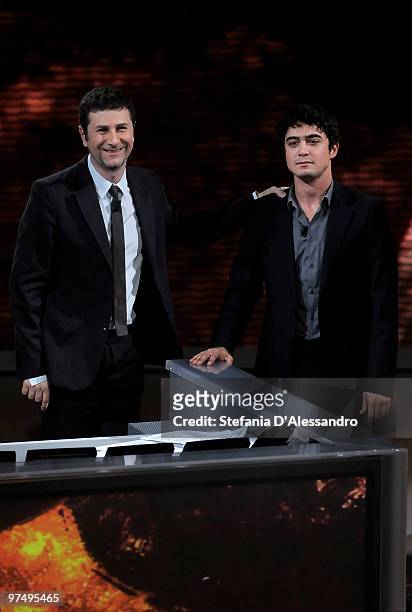 Riccardo Scamarcio and Fabio Fazio attend 'Che Tempo Che Fa' Italian Tv Show held at Rai Studios on March 6, 2010 in Milan, Italy.