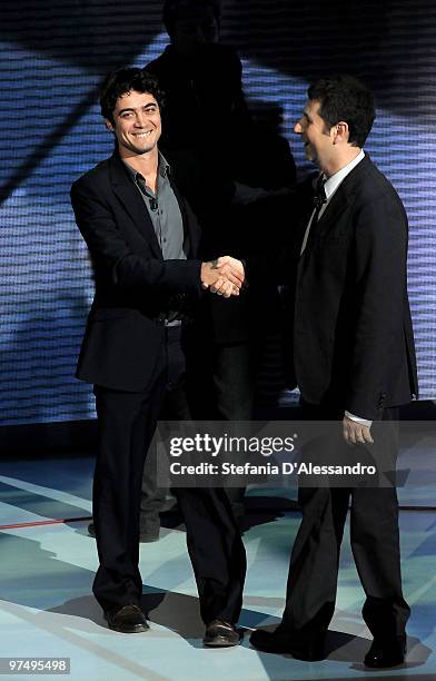 Riccardo Scamarcio and Fabio Fazio attend 'Che Tempo Che Fa' Italian Tv Show held at Rai Studios on March 6, 2010 in Milan, Italy.