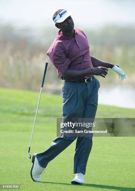 Vijay Singh of Fiji loses his club on the 6th hole during the third round of the Honda Classic at PGA National Resort And Spa on March 6, 2010 in...