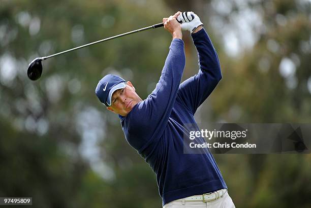 Bob Tway tees off on during the second round of the Toshiba Classic at Newport Beach Country Club on March 6, 2010 in Newport Beach, California.