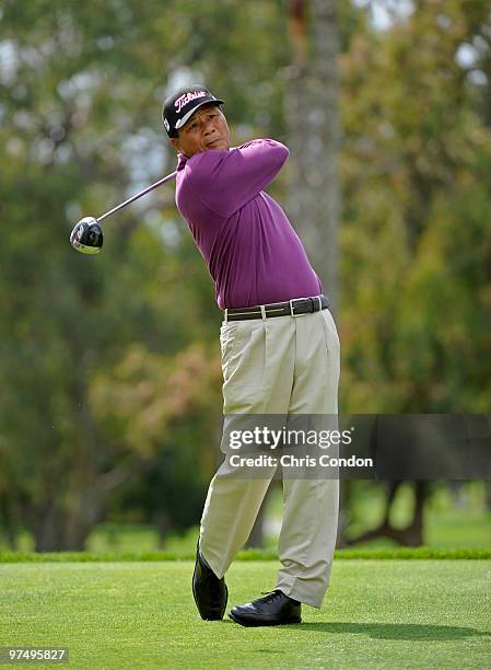 Chien Soon Lu of Taiwan tees off on during the second round of the Toshiba Classic at Newport Beach Country Club on March 6, 2010 in Newport Beach,...