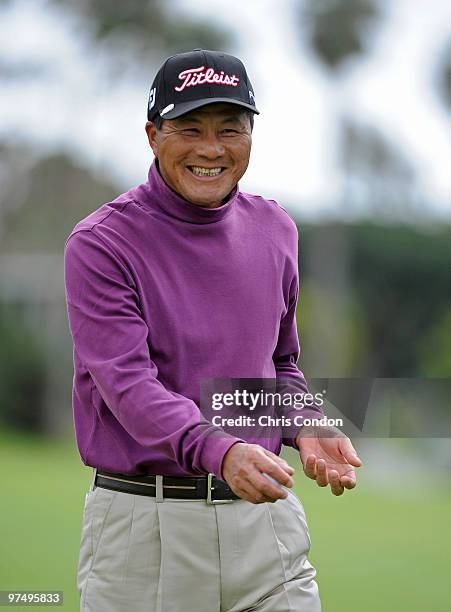 Chien Soon Lu of Taiwan smiles on the second green during the second round of the Toshiba Classic at Newport Beach Country Club on March 6, 2010 in...