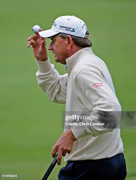 Nick Price of Zimbabwe acknowledges the gallery on during the second round of the Toshiba Classic at Newport Beach Country Club on March 6, 2010 in...