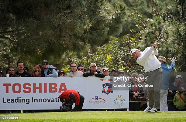 Fred Couples hits from the 11th tee during the second round of the Toshiba Classic at Newport Beach Country Club on March 6, 2010 in Newport Beach,...