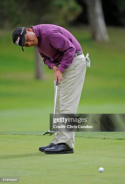 Chien Soon Lu of Taiwan putts for birdie on the second green during the second round of the Toshiba Classic at Newport Beach Country Club on March 6,...