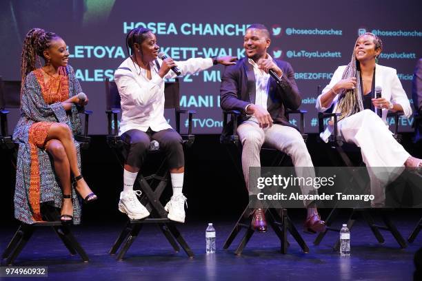 Imani Hakim, Bre-Z, Hosea Chanchez and LeToya Luckett are seen at the TV One "Down For Whatever" premiere at the American Black Film Festival at the...