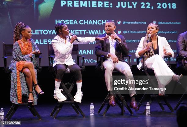 Imani Hakim, Bre-Z, Hosea Chanchez and LeToya Luckett are seen at the TV One "Down For Whatever" premiere at the American Black Film Festival at the...