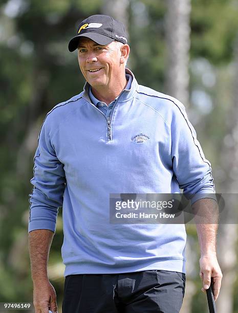 Tom Lehman reacts to his birdie on the 11th hole during the second round of the Toshiba Classic at the Newport Beach Country Club on March 6, 2010 in...