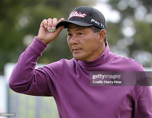 Chien Soon Lu of Taiwan reacts to his birdie on the 11th hole during the second round of the Toshiba Classic at the Newport Beach Country Club on...